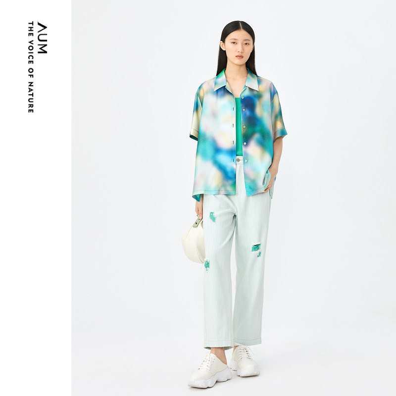 AUM噢姆夏季幻彩风格桑蚕丝真丝古巴领衬衫图片