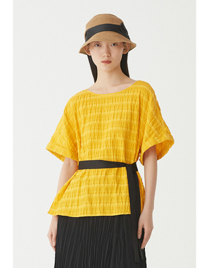 AUM噢姆夏季橙色格子系带收腰圆领短袖女士T恤