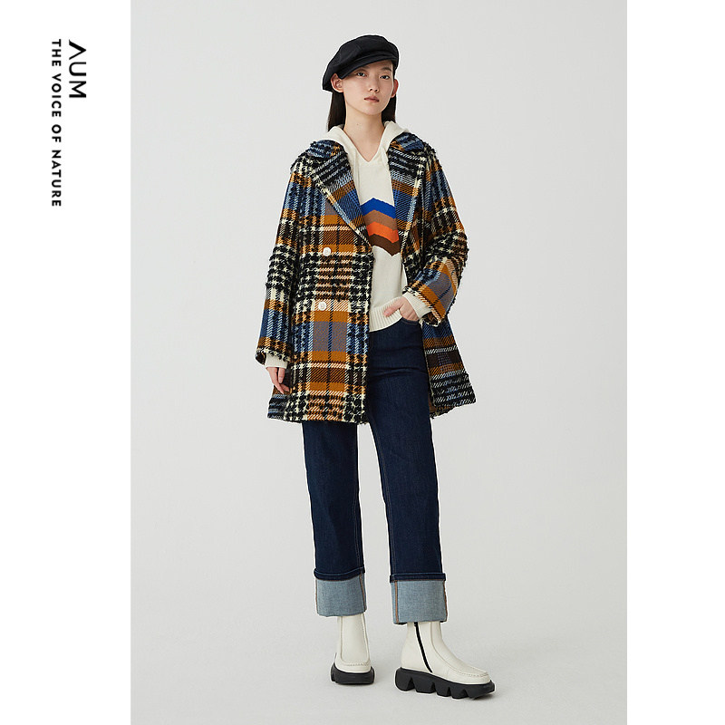 【言选好物】AUM噢姆冬季撞色廓型中长系带收腰粗花呢毛呢外套