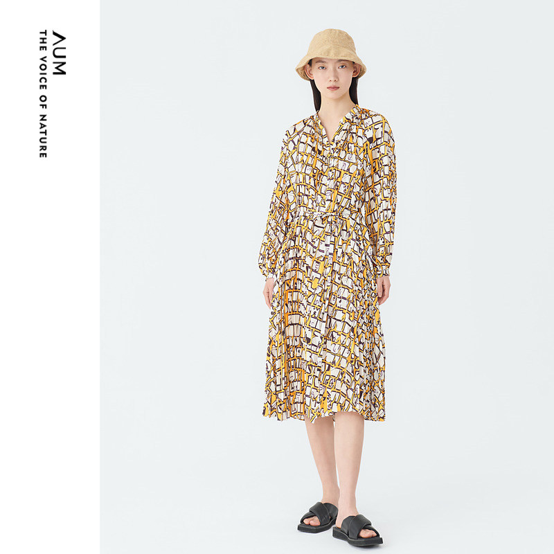 AUM噢姆几何花稿印花压褶A字连衣裙百褶裙