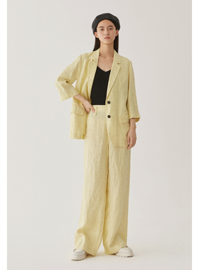 AUM噢姆夏季苎麻透气薄款OL小西装外套黄色宽松女款上装