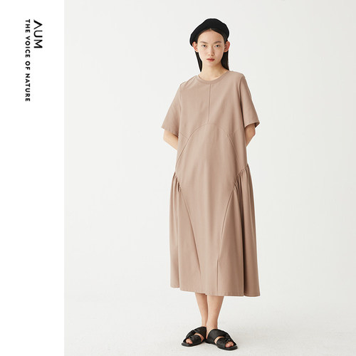 AUM噢姆夏季新款艺术分割圆领宽松T恤连衣裙女