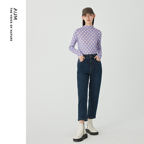 【会员价376元】AUM噢姆春季紫色修身半高领修身套头羊毛打底衫女