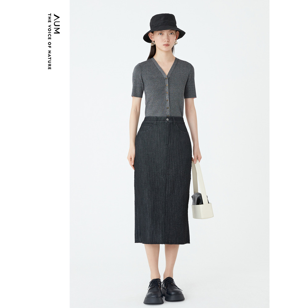 AUM噢姆秋季灰色百搭V领短袖针织开衫甜辣小上衣