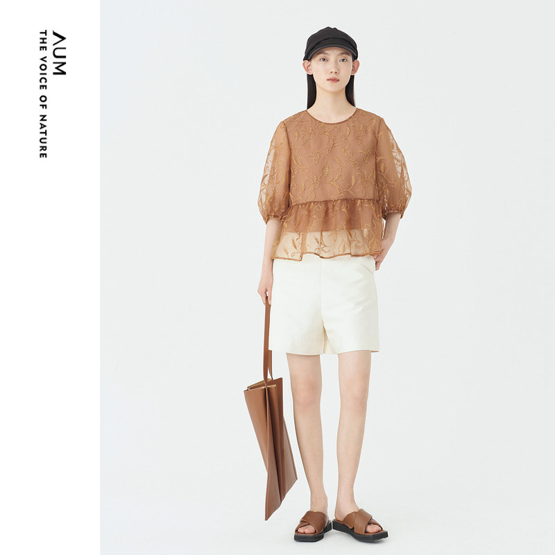 【麦穗系列】AUM噢姆时尚棕色撞色刺绣荷叶边衬衫休闲上衣女