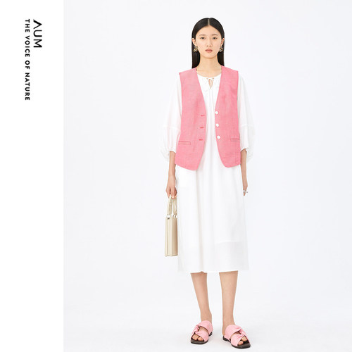 【新意亚麻】AUM噢姆夏季新桃粉色廓形易搭工装牛仔马甲上衣女