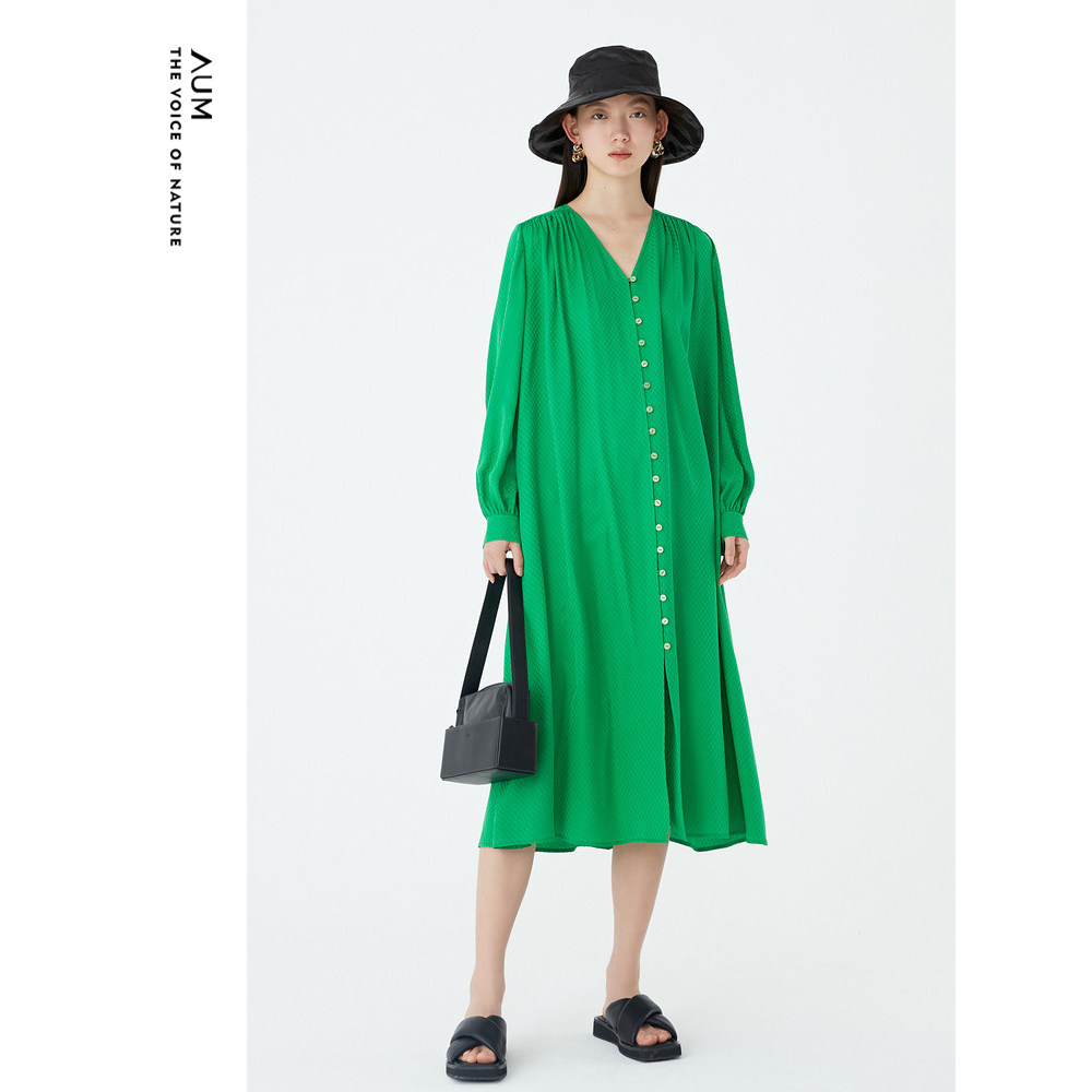 AUM噢姆绿色千鸟格桑蚕丝提花收腰连衣裙