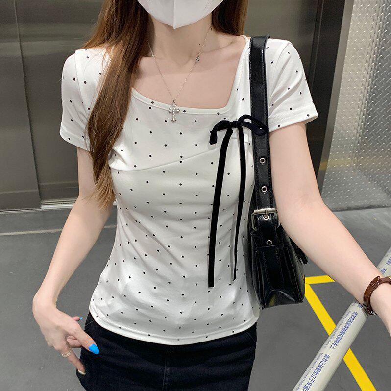 短袖t恤女装夏新款韩版系带蝴蝶结修身波点不规则领上衣