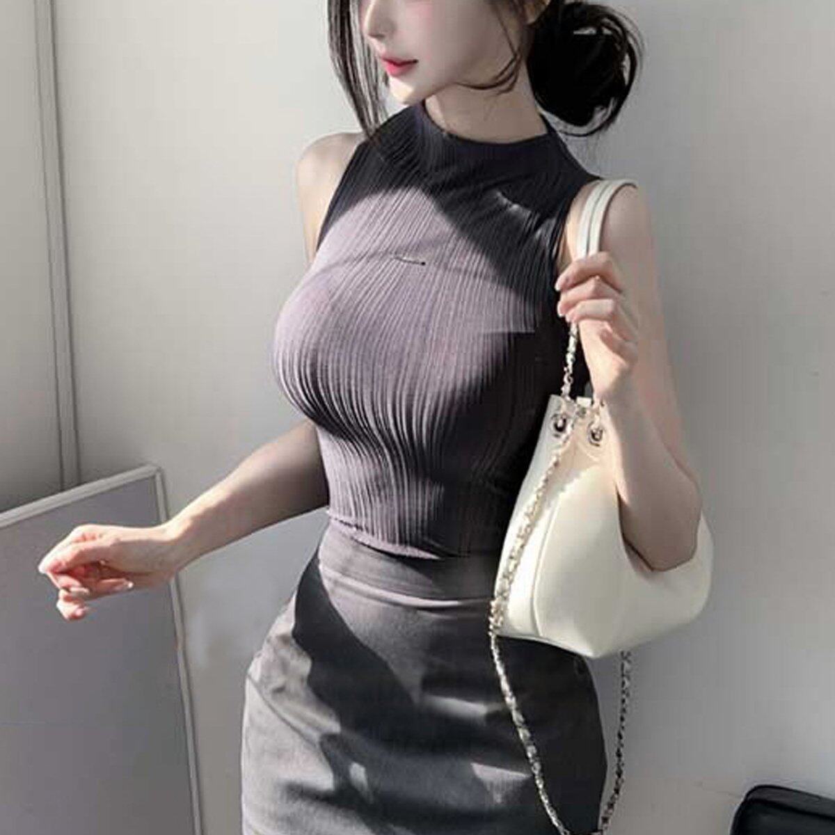 韩国东大门新品 清纯性感紧身无袖半领T恤女外穿修身背心上衣