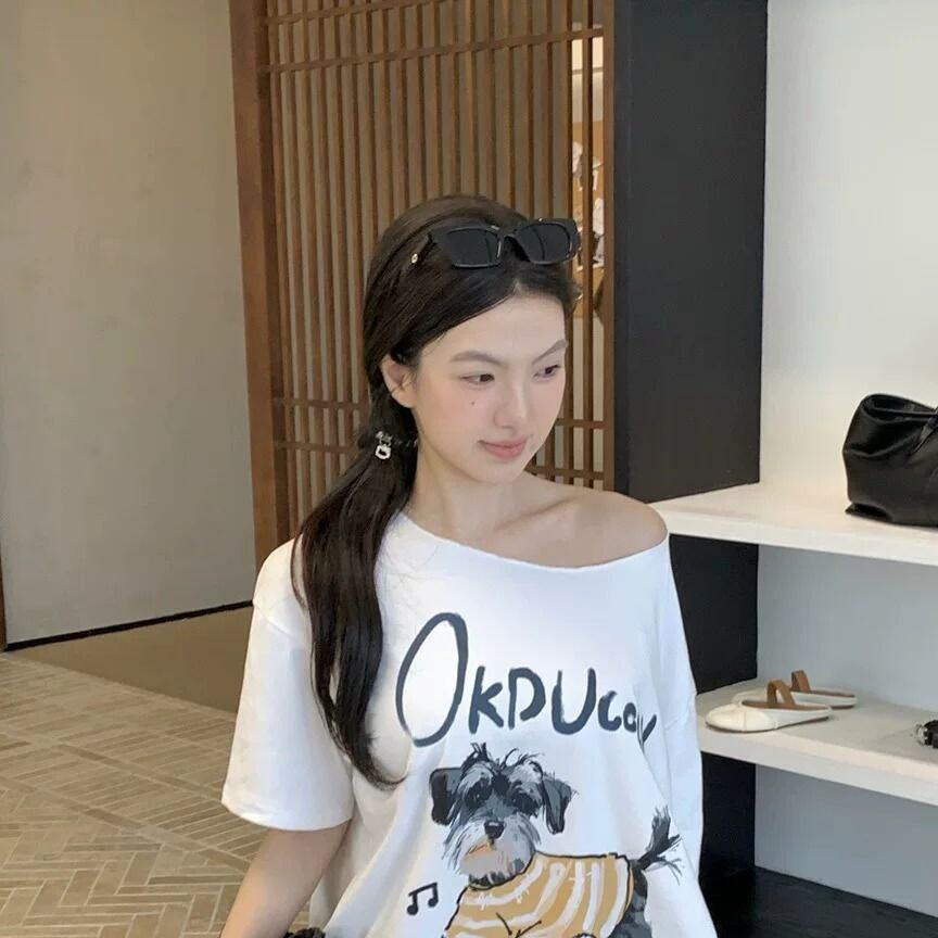 40支纯棉220克92棉8氨纶斜领一字肩露肩短袖T恤女