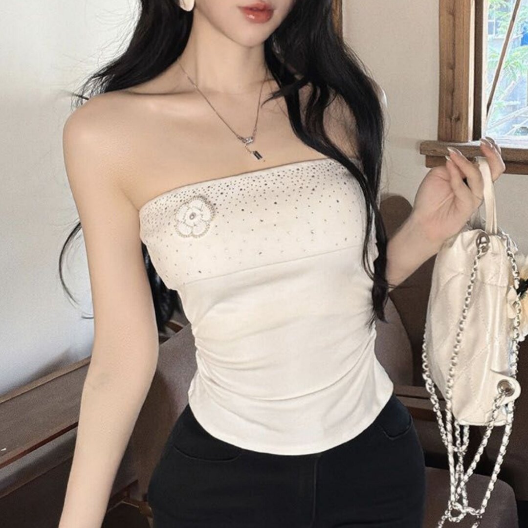 山茶花烫钻吊带背心女夏纯欲辣妹一字肩抹胸小上衣带胸垫泰国绝美
