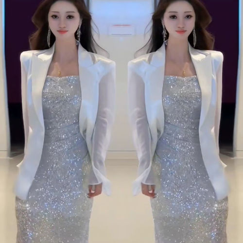 显瘦西装外套亮片连衣裙两件套