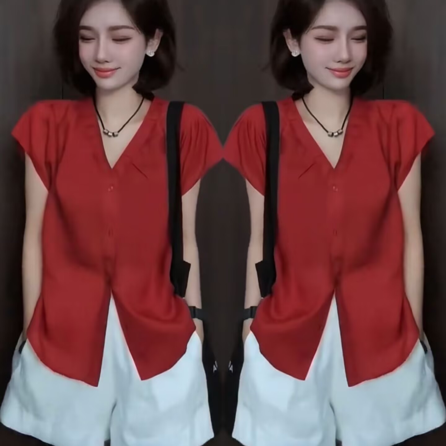 韩版简约红色短袖V领衬衫女2025夏季新款超好看漂亮设计感上衣潮