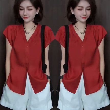 韩版简约红色短袖V领衬衫女2025夏季新款超好看漂亮设计感上衣潮