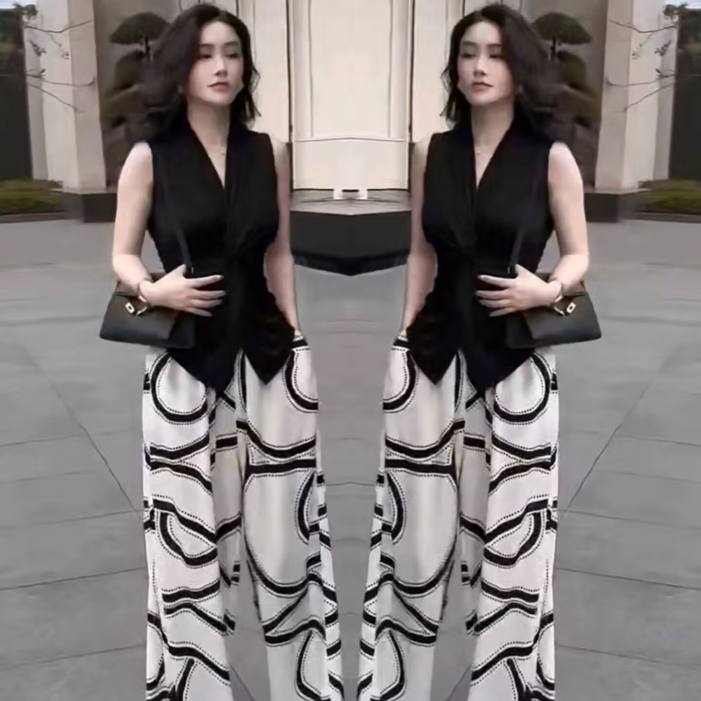 网红爆款时尚套装女2025夏季新款洋气V领显瘦无袖上衣+高腰阔腿裤