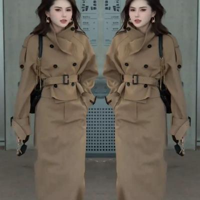 双排扣风衣外套高腰半身裙两件套