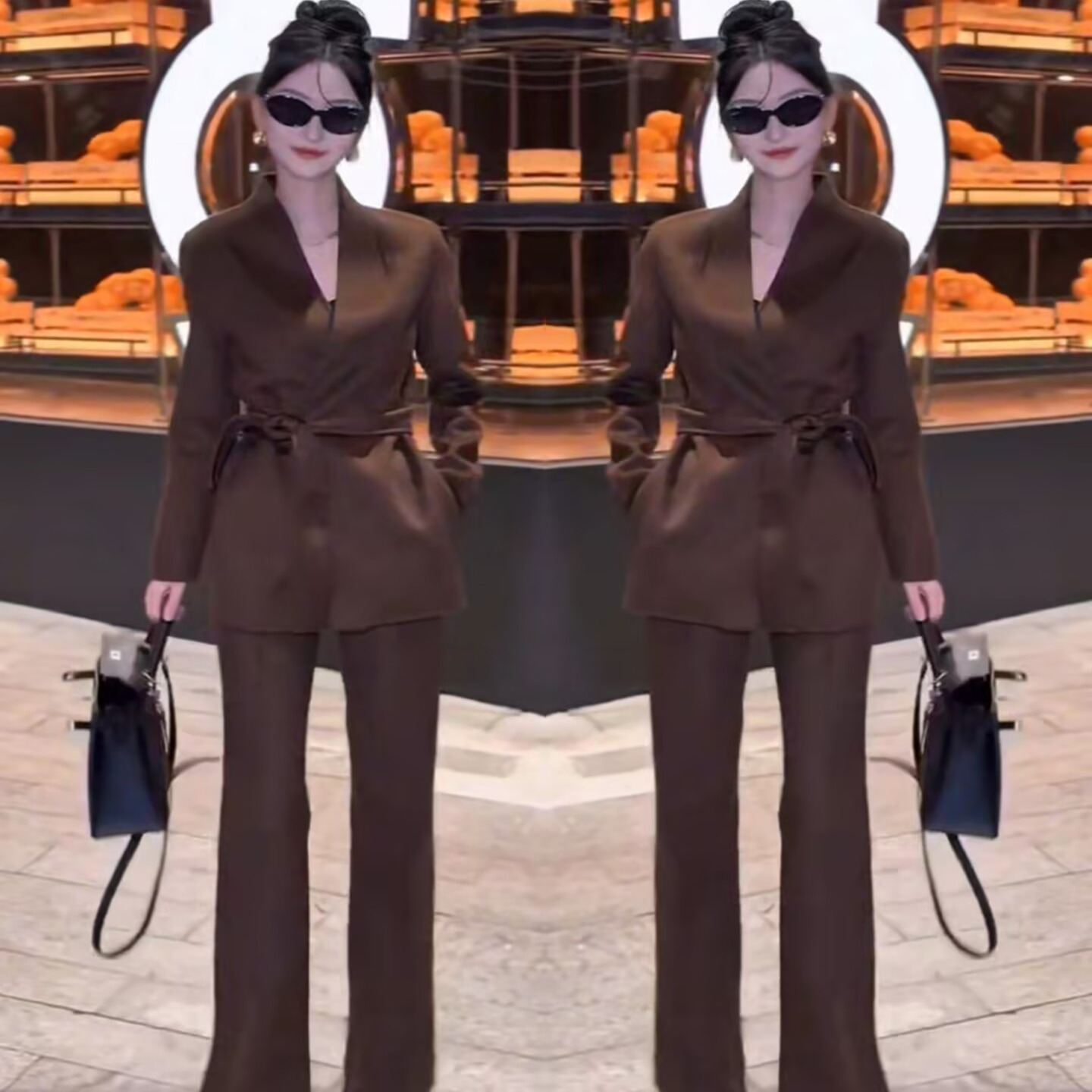 长袖西装外套裤子咖啡色套装