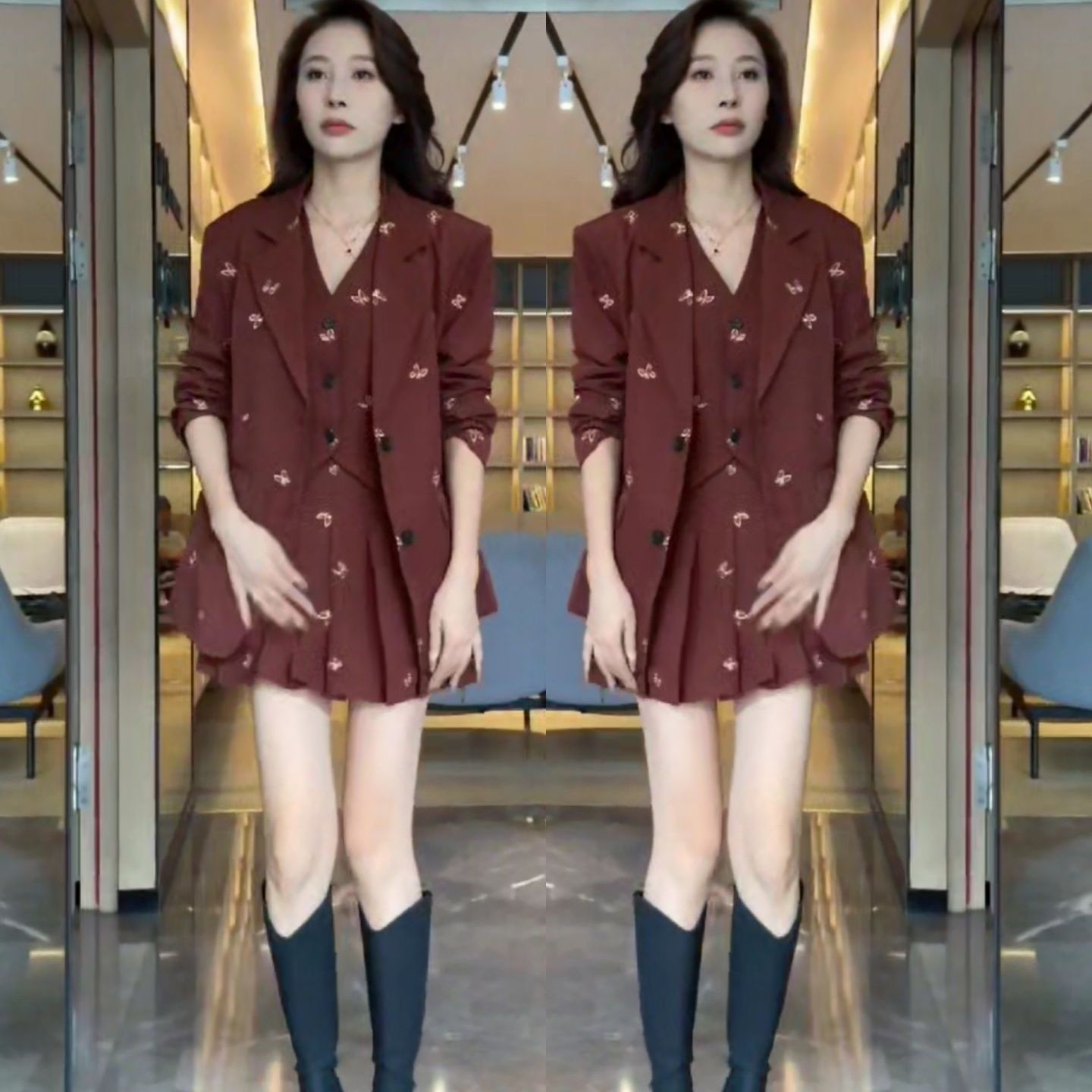 2025秋季新款时尚套装女韩版洋气显瘦西服外套+马甲+百褶裙三件套
