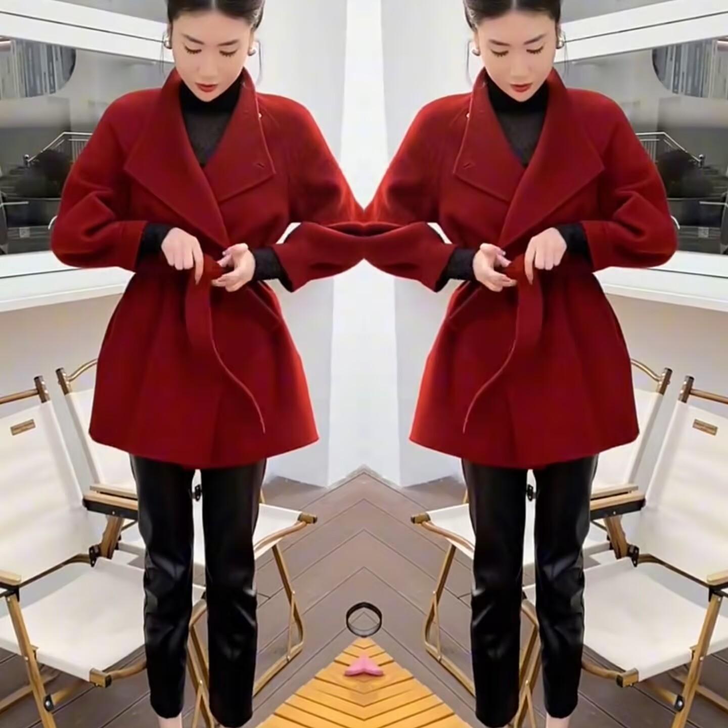 慵懒风大翻领时尚显瘦系带大衣