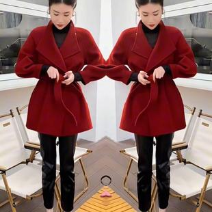 2026春秋新款中长款毛呢外套女韩系慵懒风大翻领时尚显瘦系带大衣