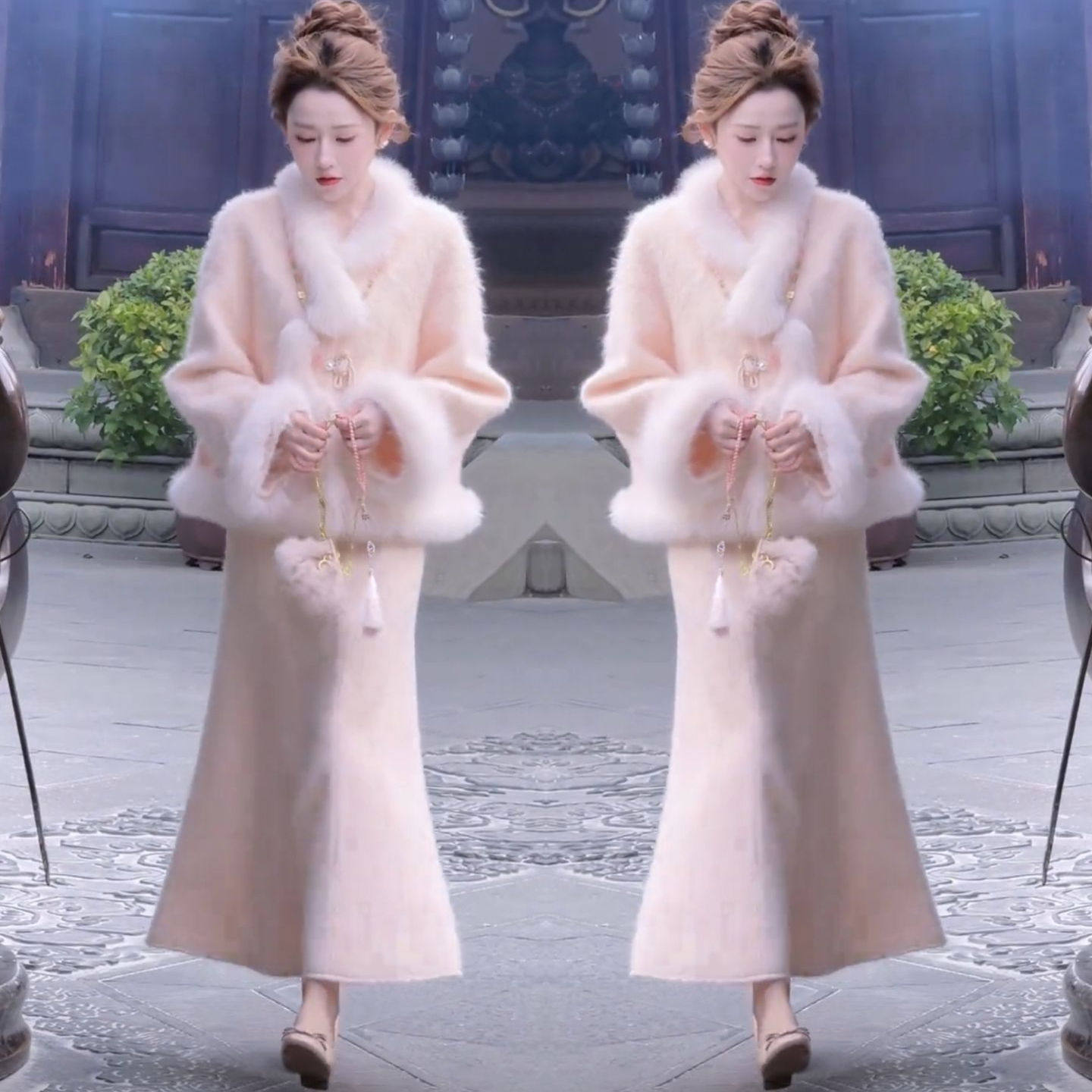 粉色宽松显瘦毛毛边外套半身裙