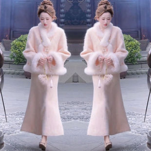 新款 女2025冬季 粉色宽松显瘦毛毛边外套半身裙 国风棉服套装 新中式