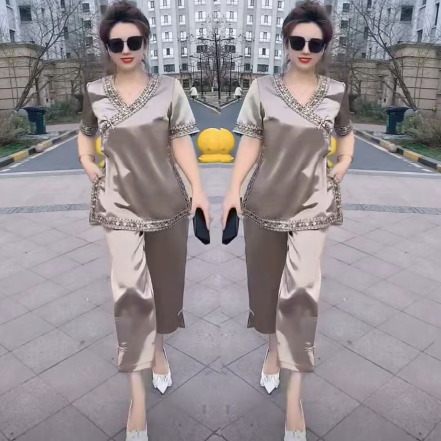 新中式国风套装女2025夏季新款洋气V领盘扣短袖上衣+九分裤两件套
