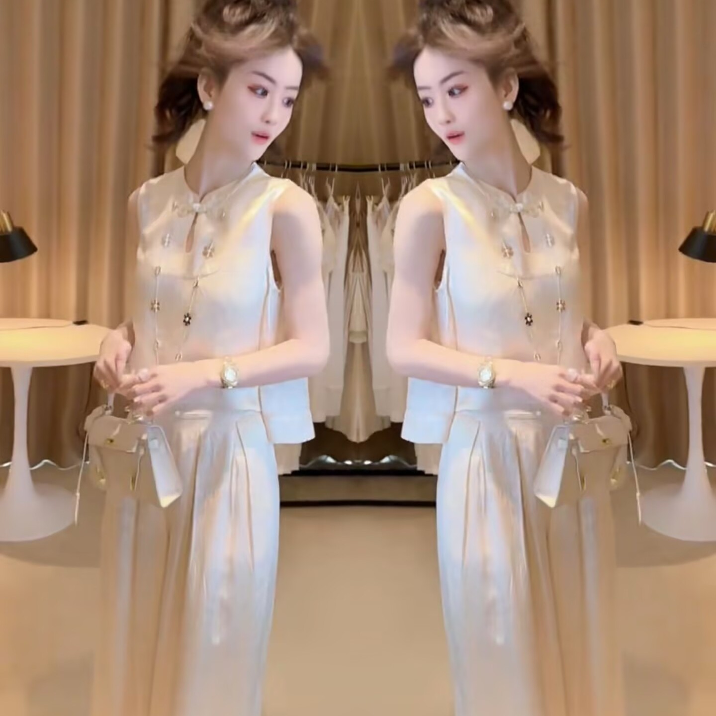 网红爆款时尚套装女2025夏季新款气质显瘦无袖上衣阔腿裤两件套潮