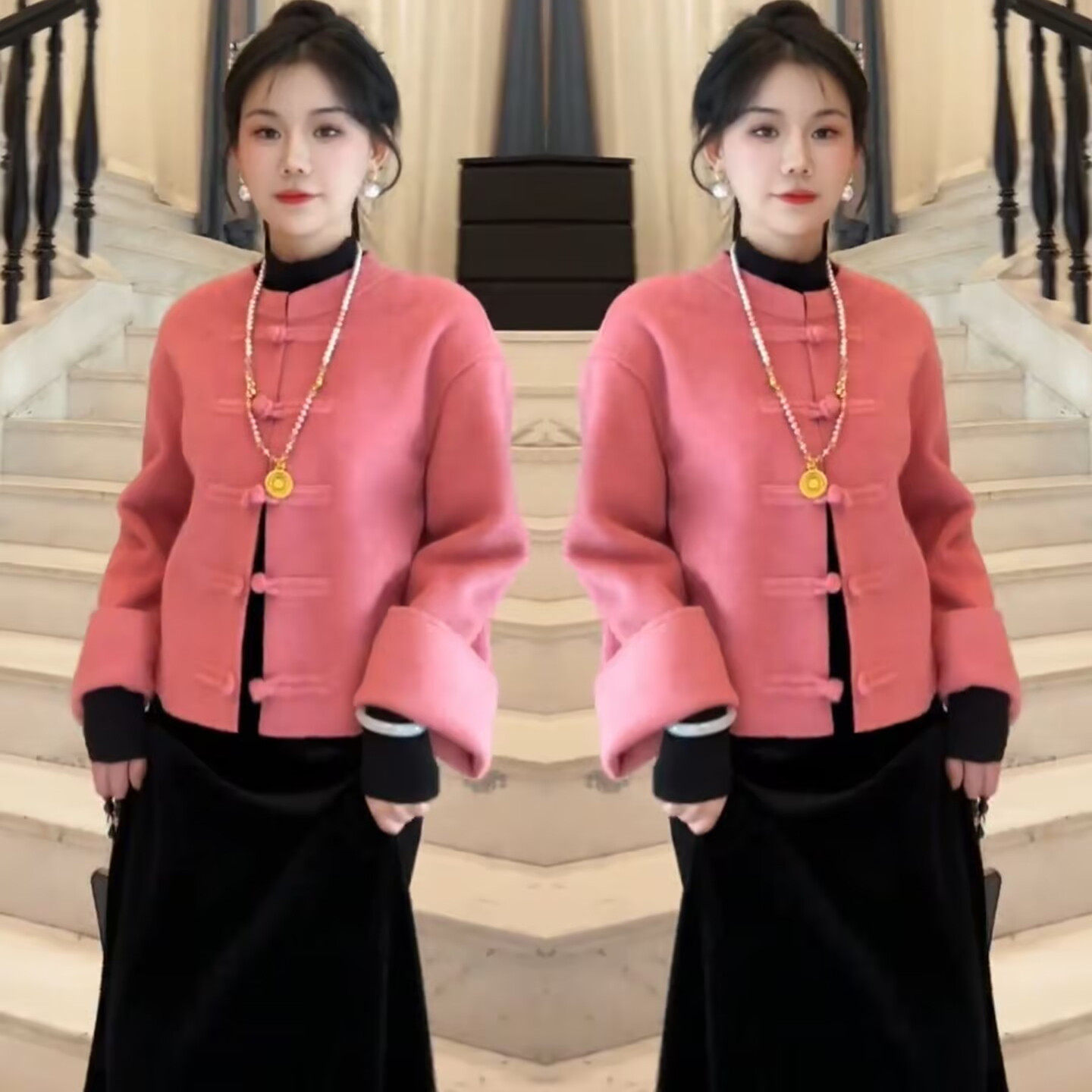 新中式国风套装女2025冬季新款复古盘扣显瘦外套+半身裙两件套潮