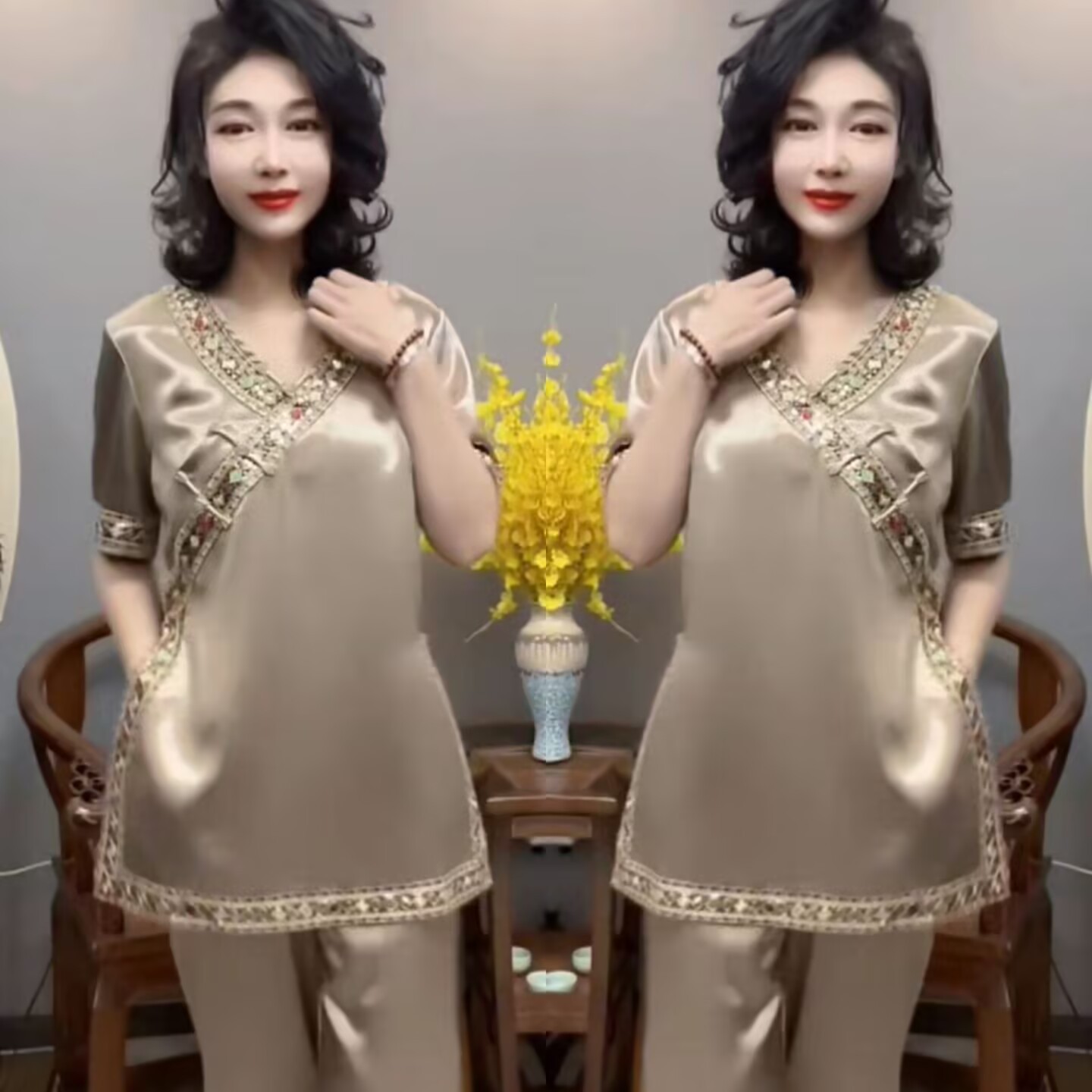 盘扣显瘦短袖上衣阔腿裤两件套