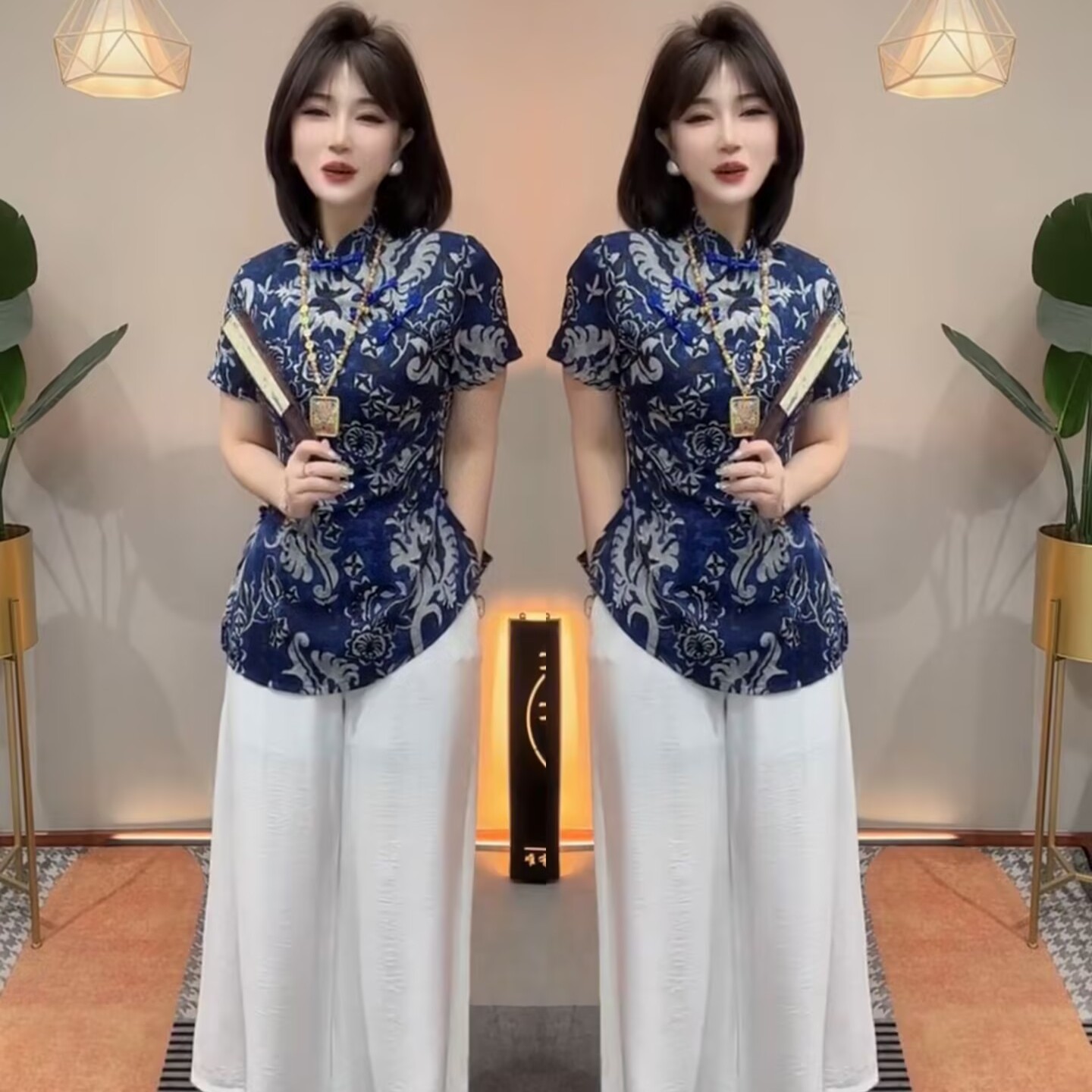 新中式国风时尚套装女2025夏季新款高级感气质短袖上衣+阔腿裤潮