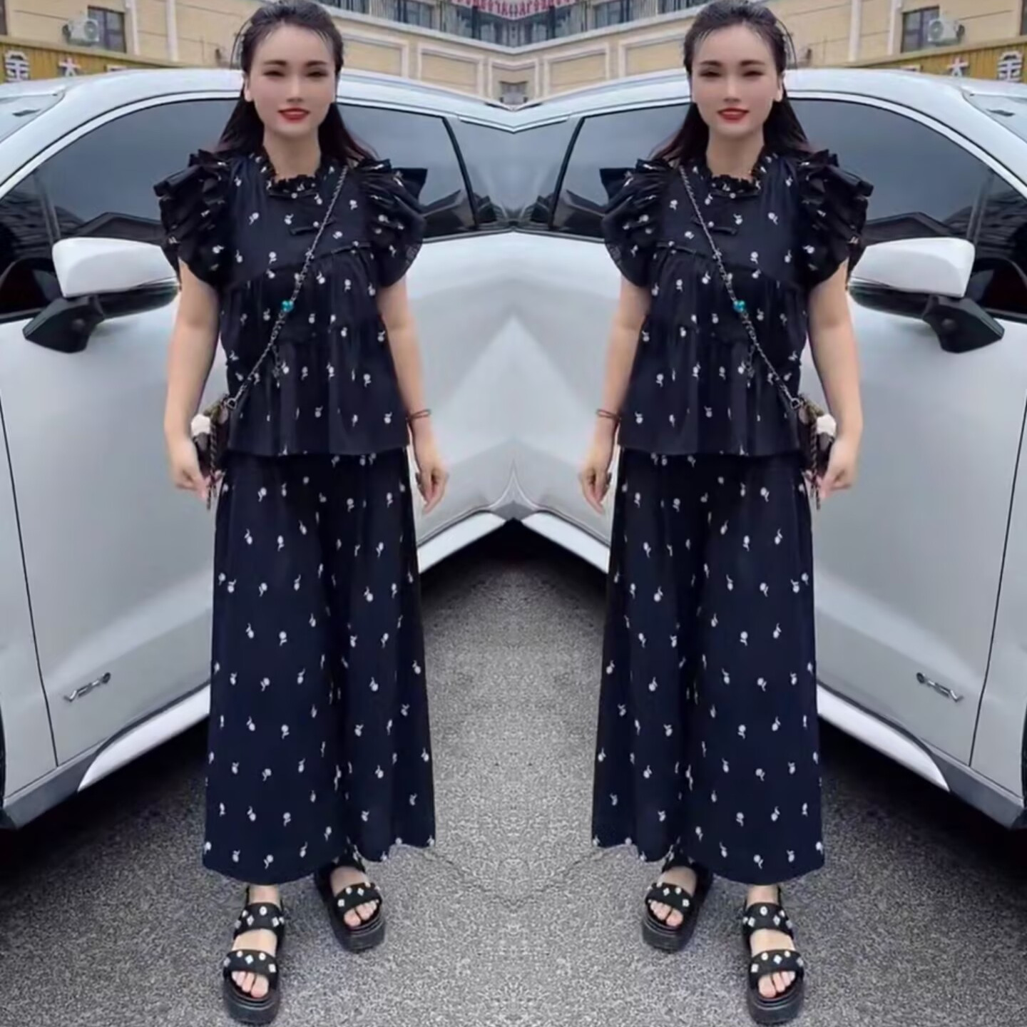 网红爆款时尚套装女2025夏季新款洋气显瘦碎花短袖上衣高腰阔腿裤
