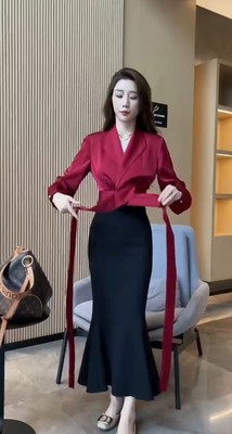 V领系带显瘦上衣鱼尾裙两件套