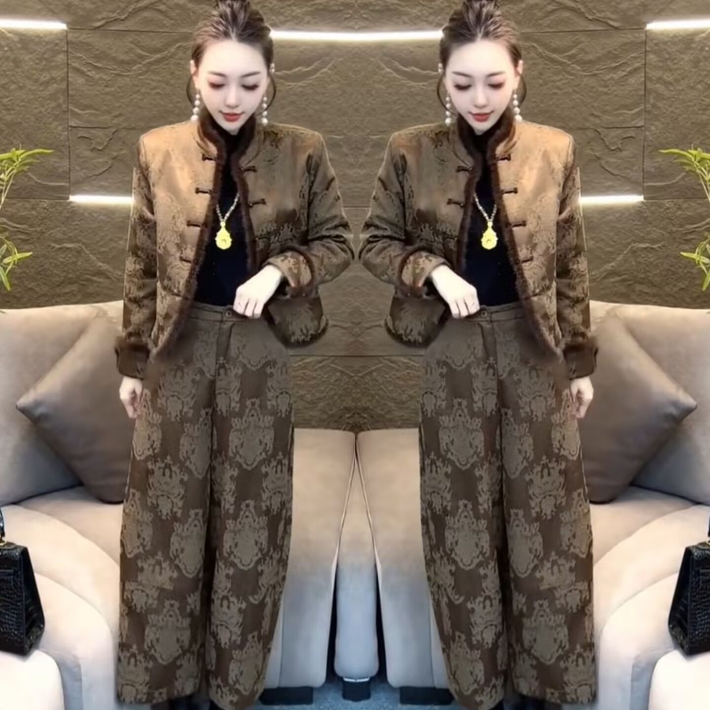 中式风立领盘扣提花棉服套装