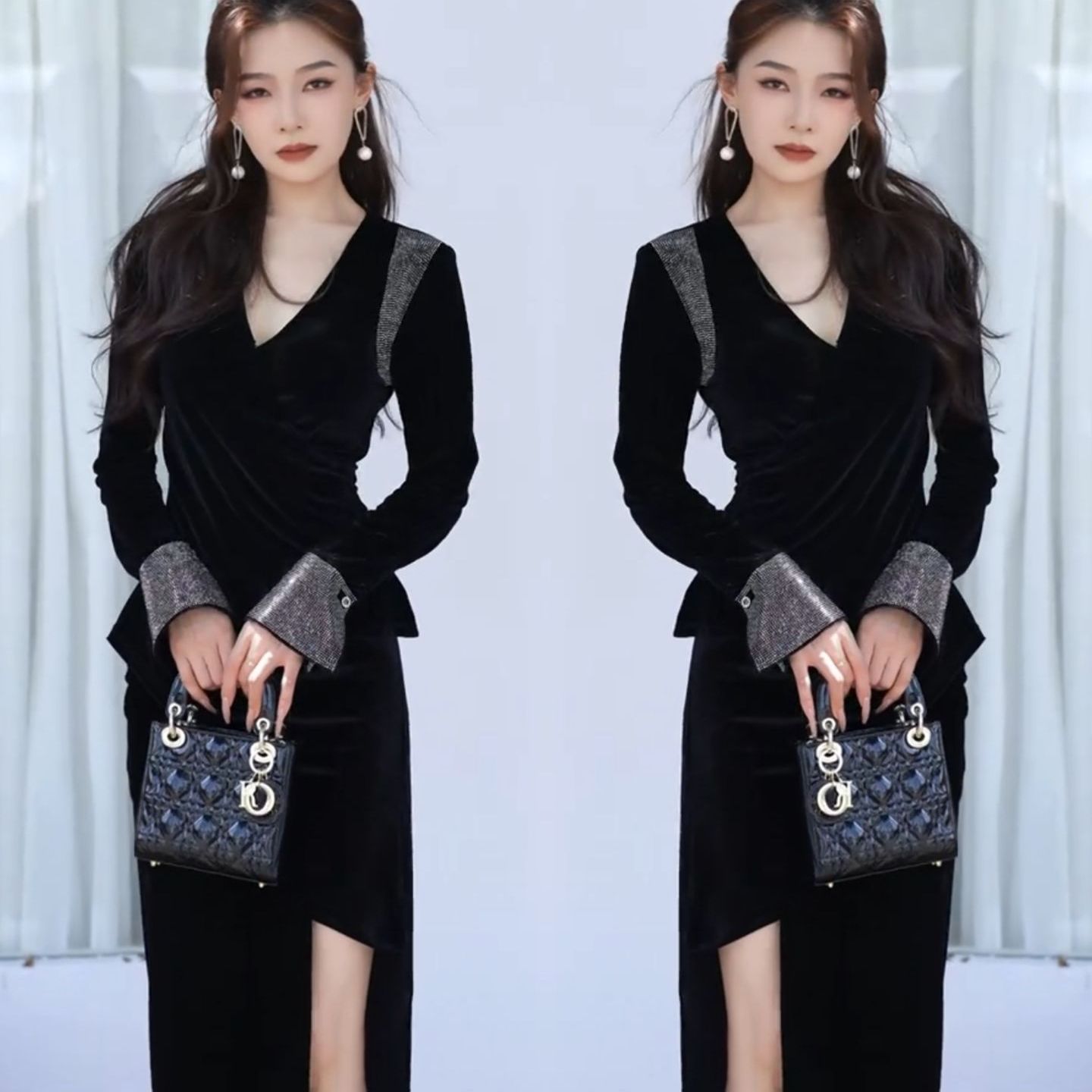 轻奢黑色丝绒连衣裙女2025秋冬新款御姐气质高级感精致收腰长裙潮