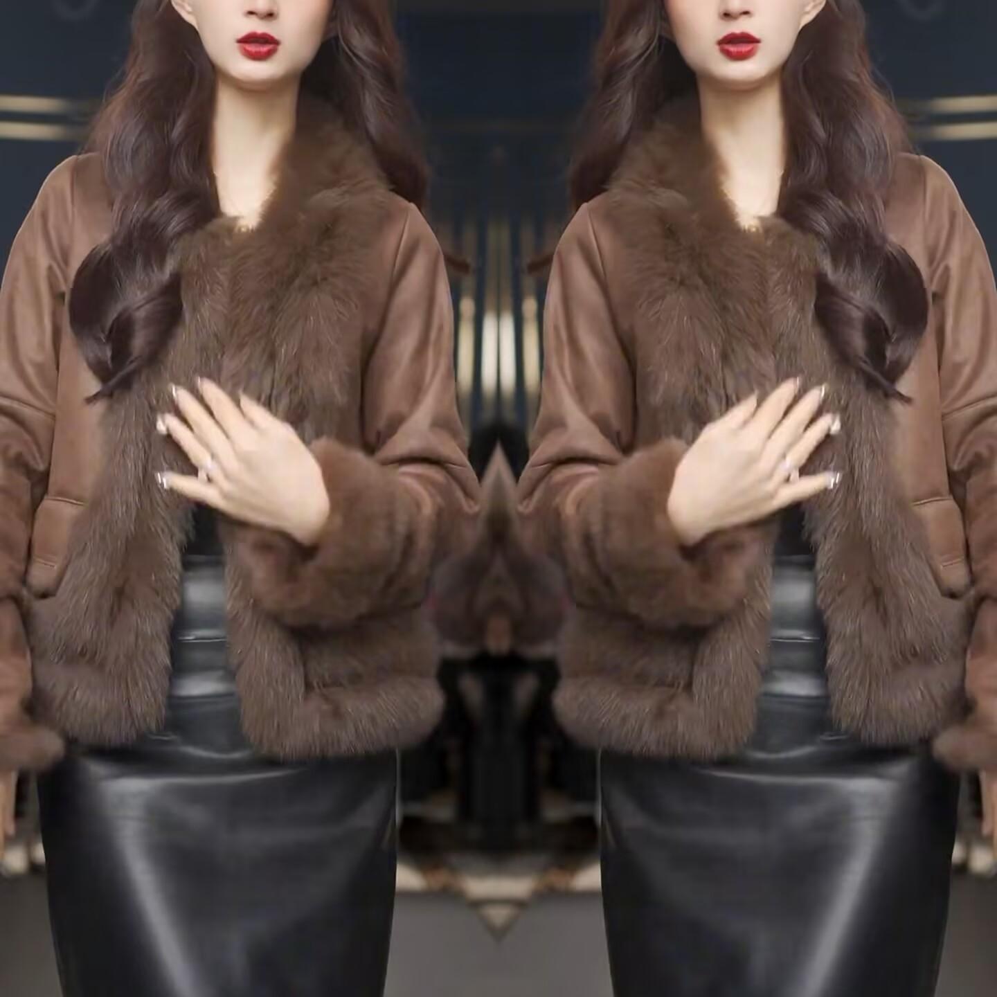 仿皮毛一体袖口毛毛拼接保暖外套