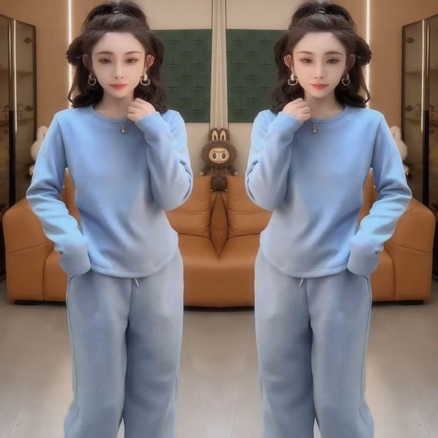 韩系时尚休闲浅蓝色圆领卫衣阔腿裤两件套女2025冬装加厚运动套装