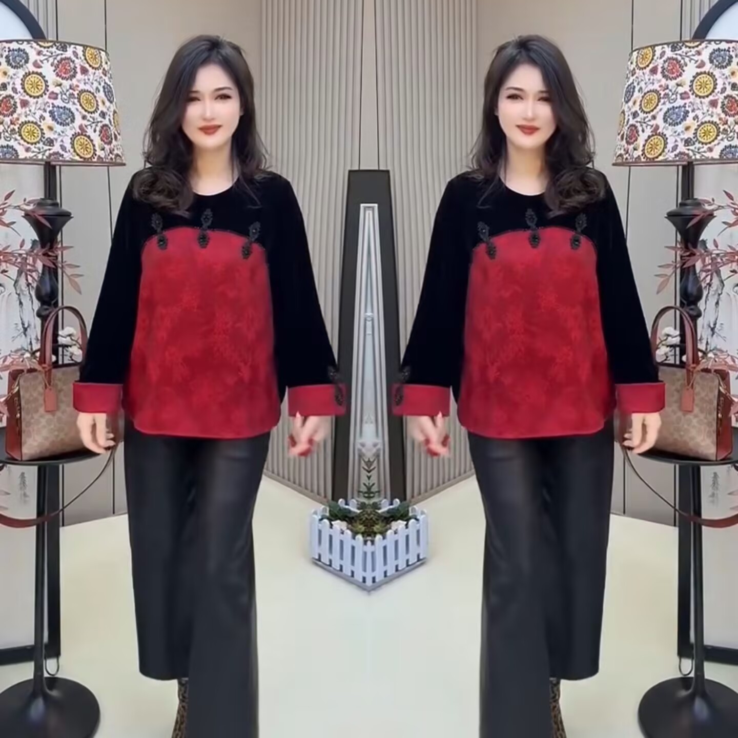 新中式国风盘扣丝绒拼色衬衫