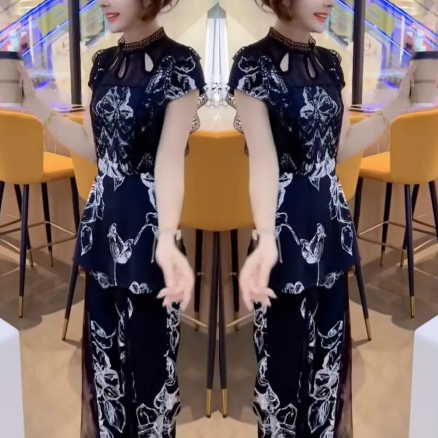 网红爆款时尚套装女2025夏季新款洋气印花蕾丝短袖上衣显瘦阔腿裤