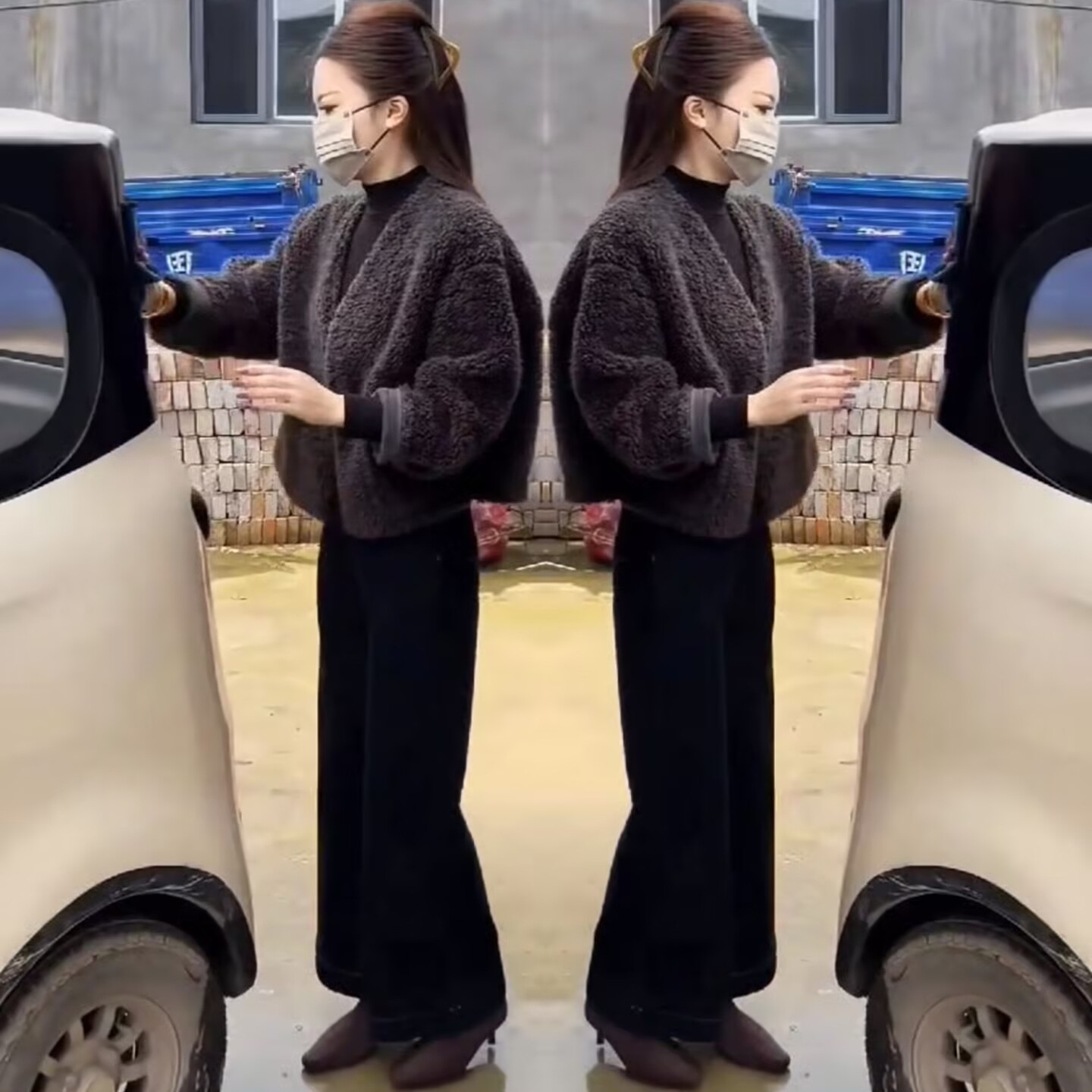 仿羊羔毛宽松外套+牛仔裤套装