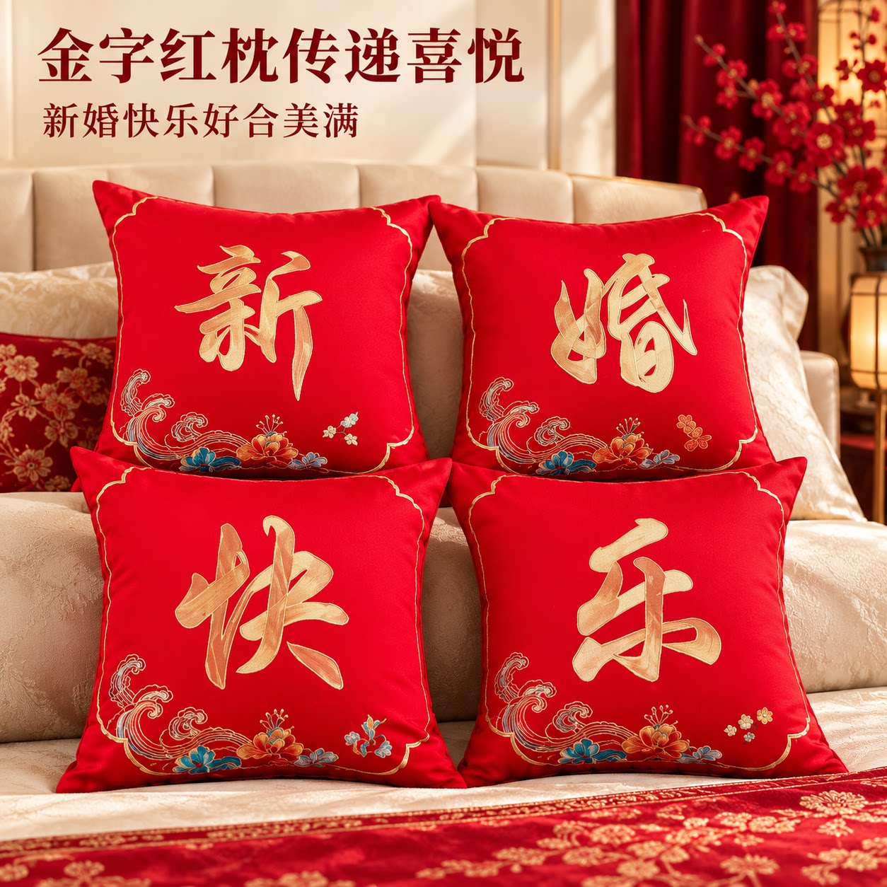 新款结婚抱枕婚房婚床红靠枕压床