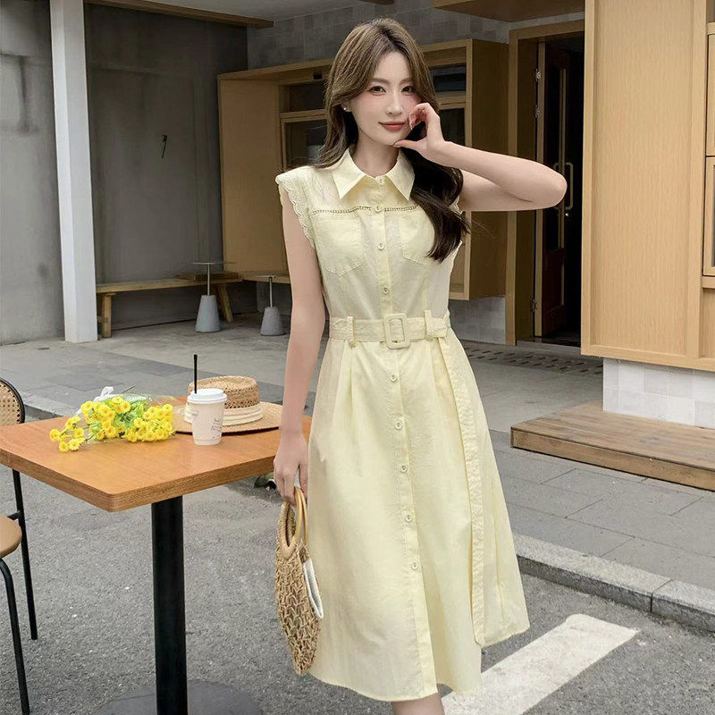 黄色无袖收腰衬衫连衣裙女夏季翻领腰带时尚巨好看镂空设计感裙子