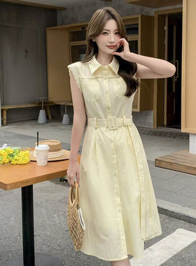黄色无袖收腰衬衫连衣裙女夏季翻领腰带时尚巨好看镂空设计感裙子