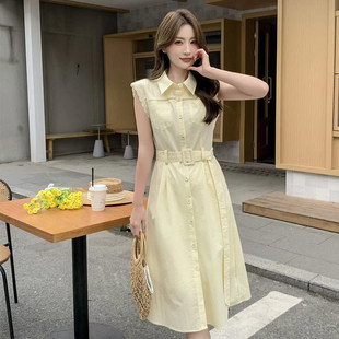 黄色无袖收腰衬衫连衣裙女夏季翻领腰带时尚巨好看镂空设计感裙子