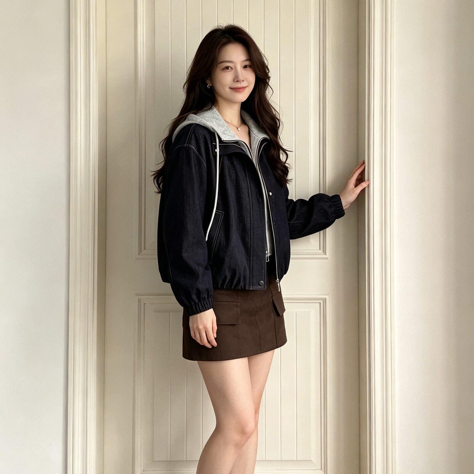 2026早秋新款美式复古设计感假两件连帽外套女休闲宽松夹克上衣