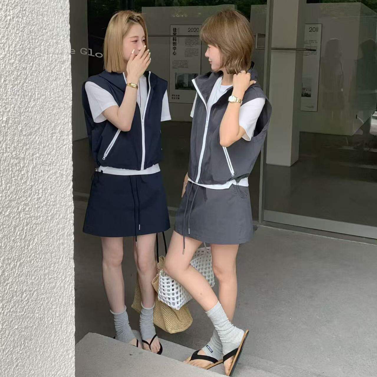 欧货休闲连帽马甲套装短裙三件套女2026夏季新款时尚气质显瘦套装