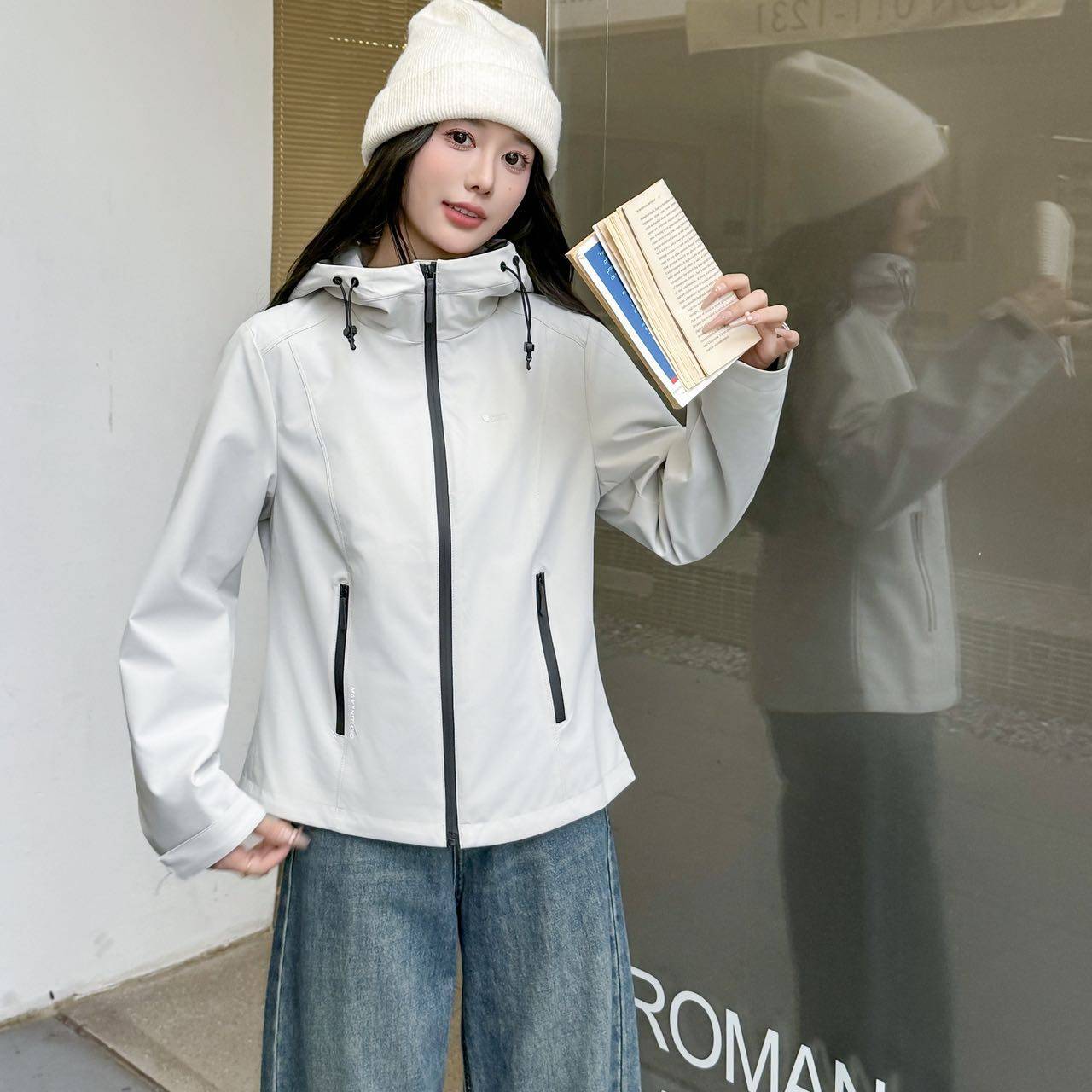 韩版连帽抽绳短外套女2026早秋新款宽松百搭休闲夹克小个子外套潮