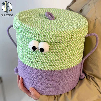 卡通可爱圆形棉绳编织带盖收纳筐
