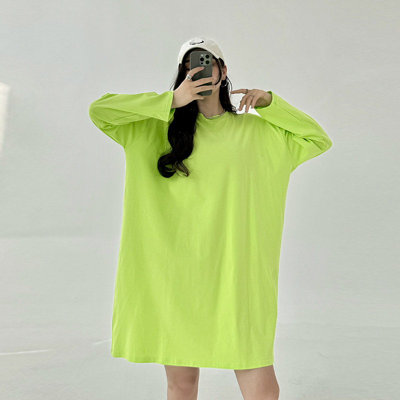 圆领长袖t恤女春秋纯棉中长款大码200斤胖mm宽松遮屁股上衣打底衫