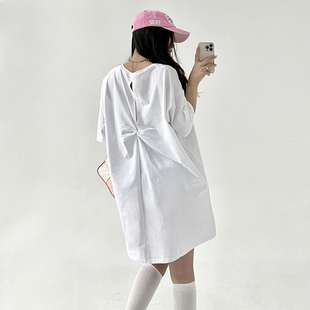 中长款t恤女短袖夏季宽松五分袖纯棉下摆开叉后背打结遮屁股上衣